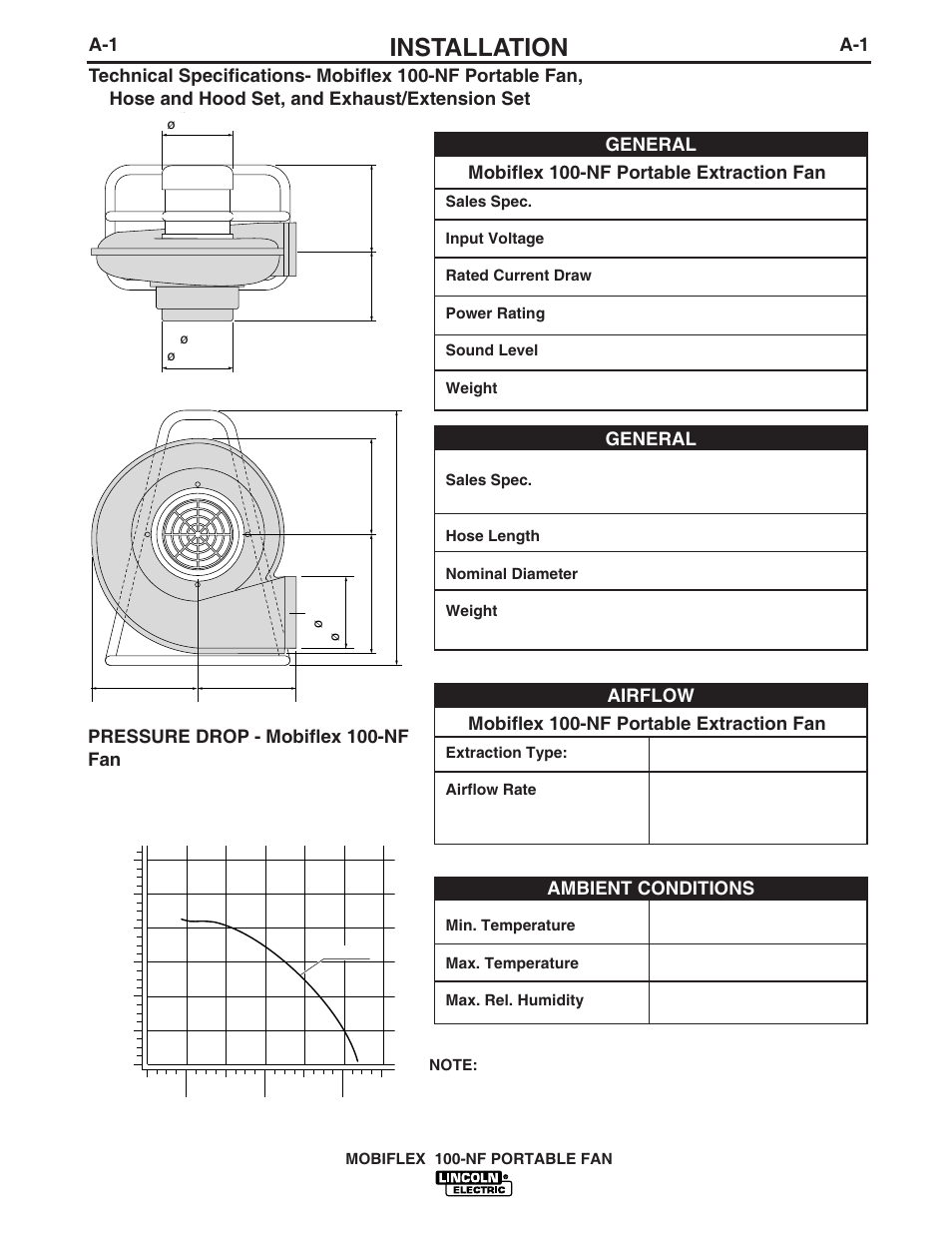 Installation, Mobiflex 100-nf portable extraction fan, General mobiflex 100-nf portable extraction fan | Airflow, General | Lincoln Electric IM629 Mobiflex 100-NF Portable Fan User Manual | Page 8 / 17