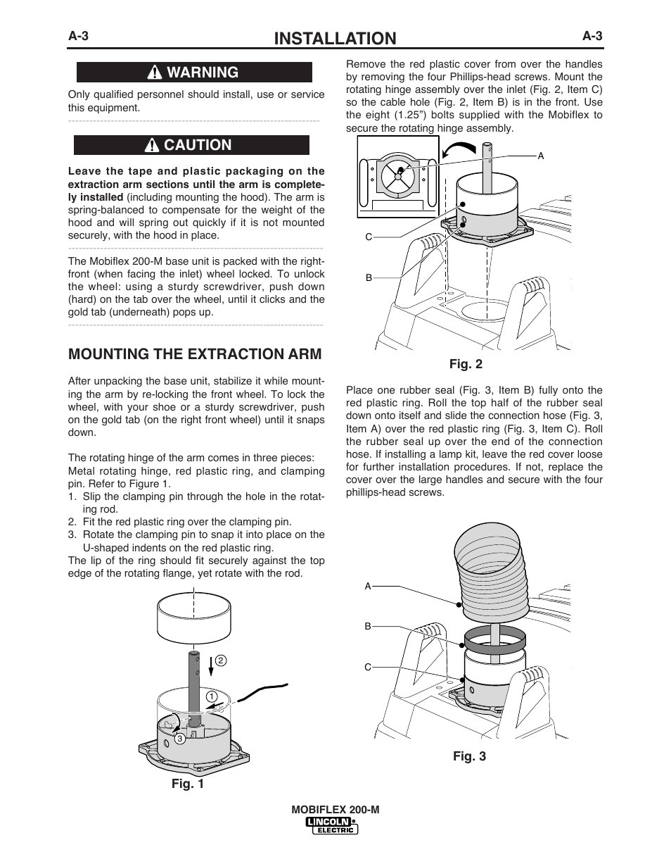 Installation, Mounting the extraction arm, Warning caution | Fig. 1, Fig. 3, Fig. 2 | Lincoln Electric IM621 Mobiflex 200-M K1653-1,-2 User Manual | Page 10 / 32