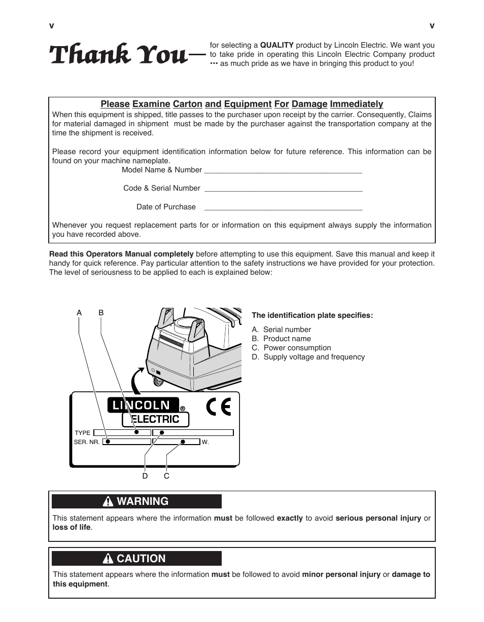 Warning, Caution | Lincoln Electric IM621 Mobiflex 200-M K1653-1,-2 User Manual | Page 6 / 32