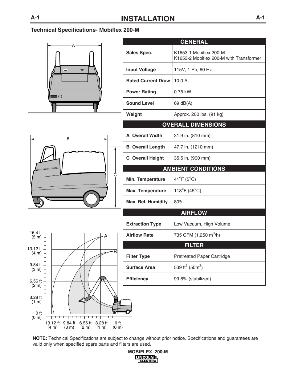 Installation, A-1 technical specifications- mobiflex 200-m, General | Airflow, Filter, Ambient conditions, Overall dimensions | Lincoln Electric IM621 Mobiflex 200-M K1653-1,-2 User Manual | Page 8 / 32