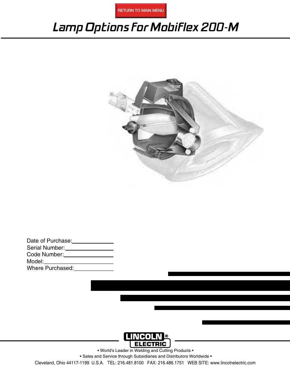 Lincoln Electric IM626 Mobiflex 200-M Lamp Kit User Manual | 20 pages