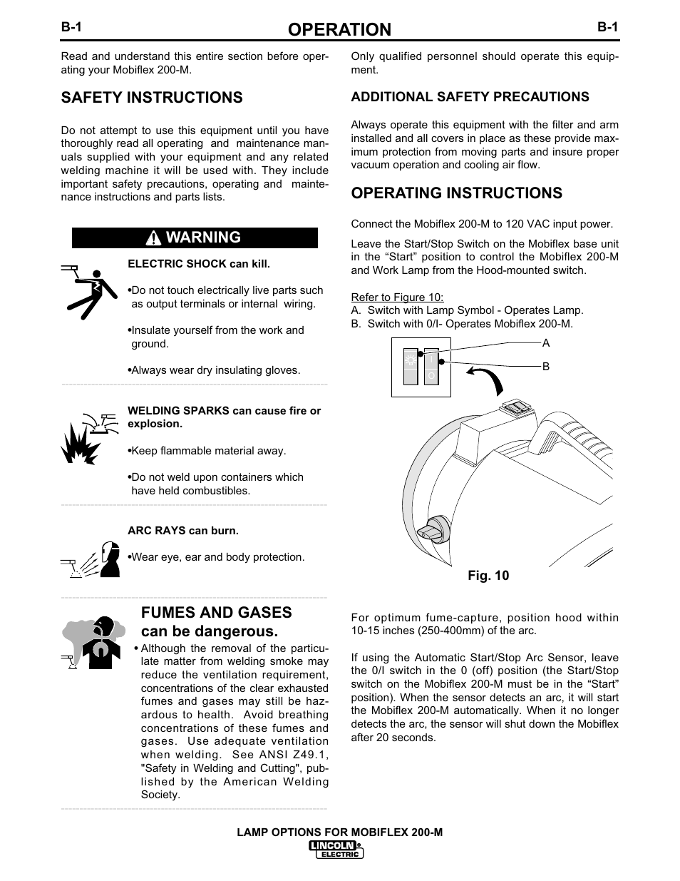 Operation, Safety instructions, Fumes and gases can be dangerous | Operating instructions, Warning | Lincoln Electric IM626 Mobiflex 200-M Lamp Kit User Manual | Page 13 / 20