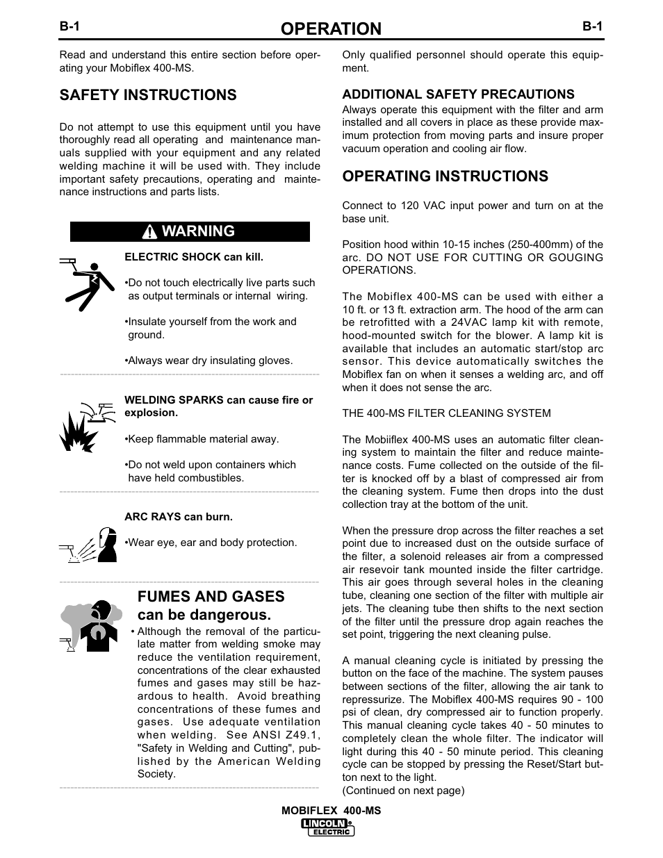 Operation, Safety instructions, Fumes and gases can be dangerous | Operating instructions, Warning | Lincoln Electric IM667 Mobiflex 400-MS User Manual | Page 15 / 29