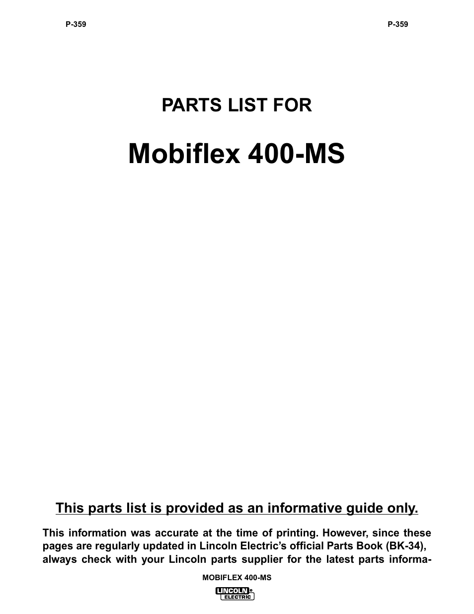 Mobiflex 400-ms, Parts list for | Lincoln Electric IM667 Mobiflex 400-MS User Manual | Page 22 / 29