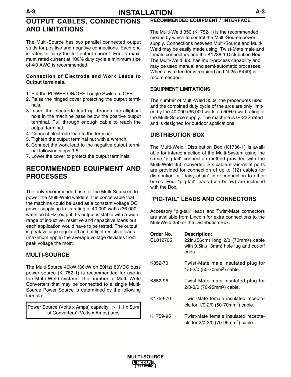 Installation, Output cables, connections and limitations, Recommended equipment and processes | Lincoln Electric IM692 MULTI-SOURCE User Manual | Page 10 / 26