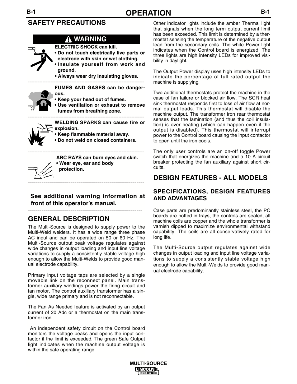 Operation, Design features - all models, Safety precautions | Warning general description | Lincoln Electric IM692 MULTI-SOURCE User Manual | Page 11 / 26