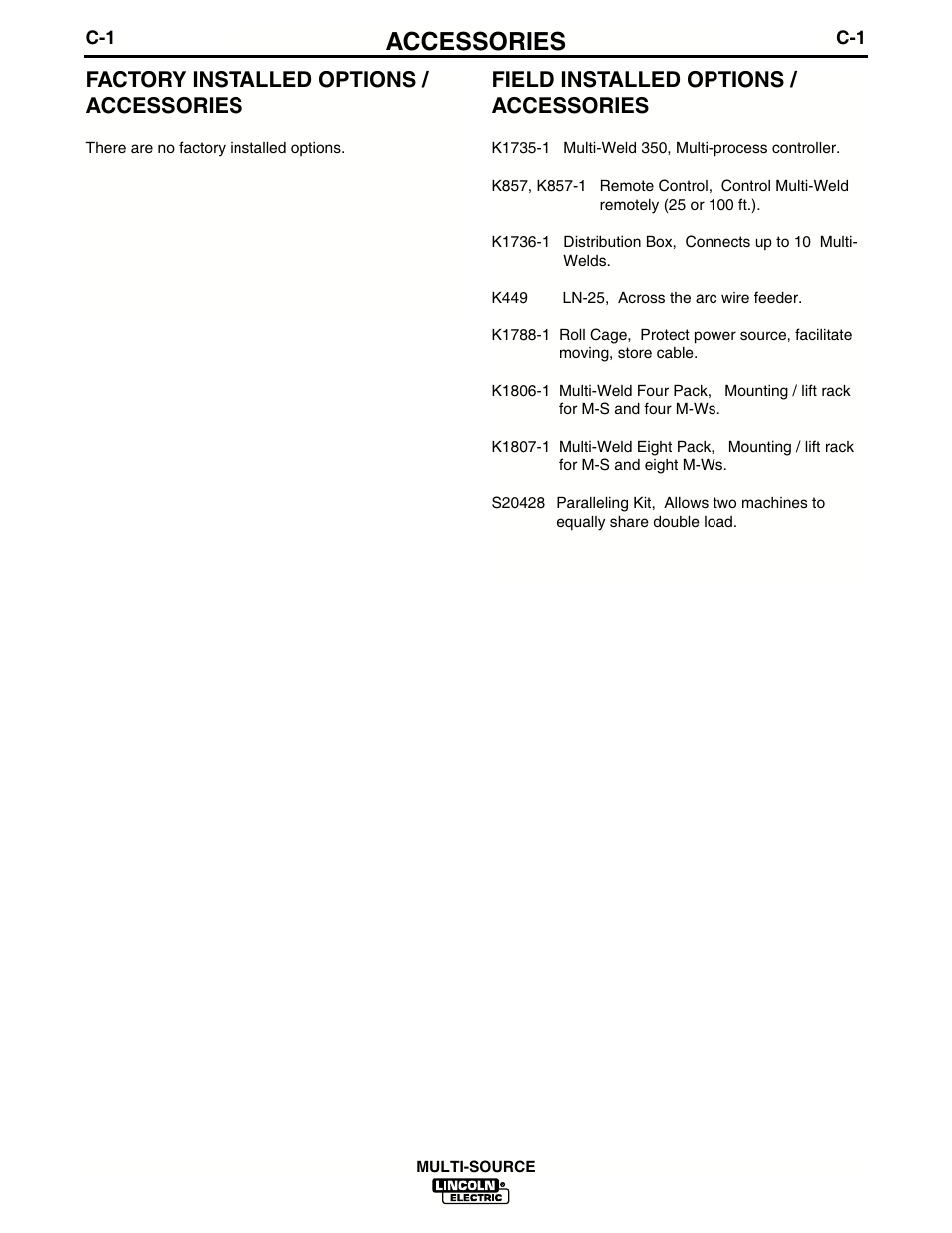 Accessories, Factory installed options / accessories, Field installed options / accessories | Lincoln Electric IM692 MULTI-SOURCE User Manual | Page 12 / 26