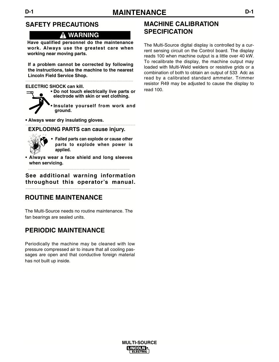 Maintenance, Safety precautions, Warning routine maintenance | Periodic maintenance, Machine calibration specification | Lincoln Electric IM692 MULTI-SOURCE User Manual | Page 13 / 26
