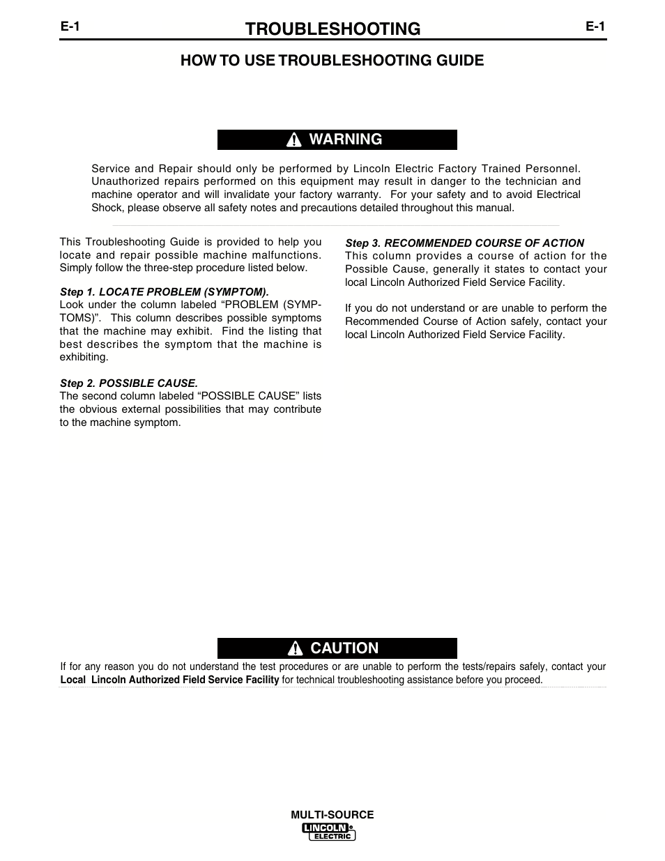 Troubleshooting, Caution, How to use troubleshooting guide | Warning | Lincoln Electric IM692 MULTI-SOURCE User Manual | Page 14 / 26