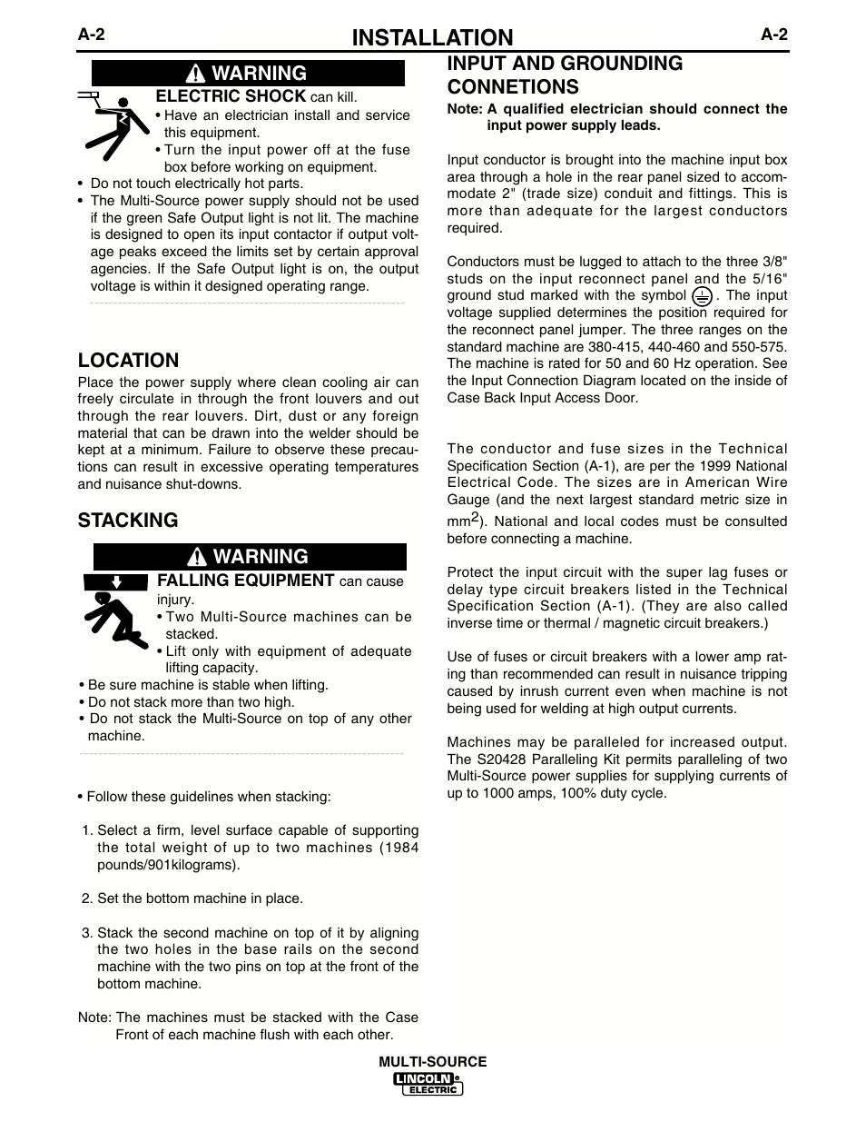 Installation, Location, Stacking | Input and grounding connetions, Warning | Lincoln Electric IM692 MULTI-SOURCE User Manual | Page 9 / 26