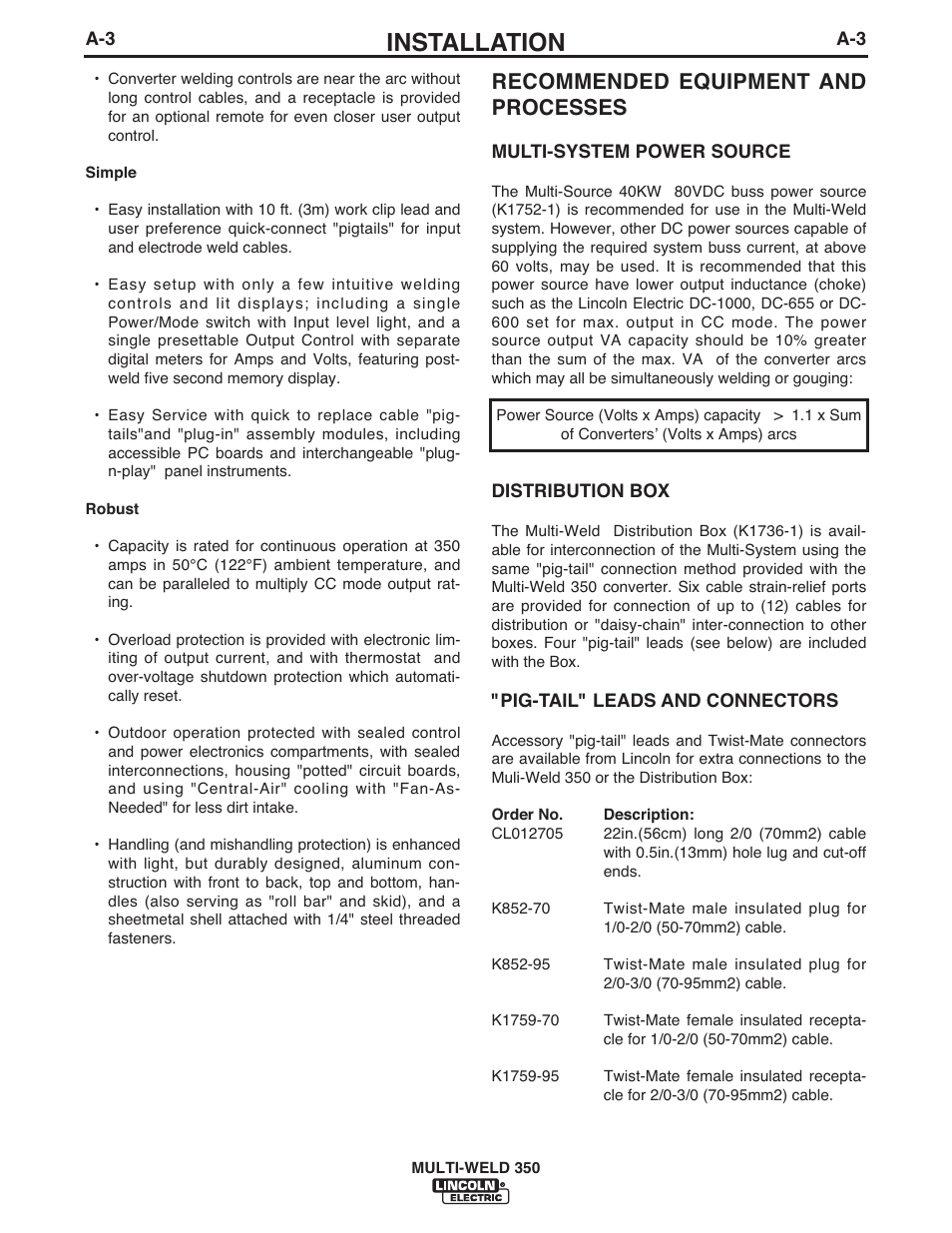 Installation, Recommended equipment and processes | Lincoln Electric IM664 Multi-Weld 350 Arc Converter User Manual | Page 10 / 33