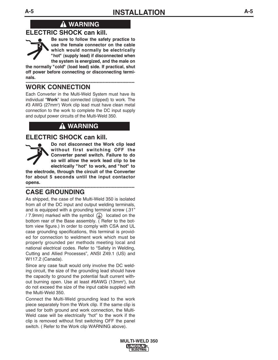 Installation, Electric shock can kill, Work connection | Case grounding, Warning | Lincoln Electric IM664 Multi-Weld 350 Arc Converter User Manual | Page 12 / 33