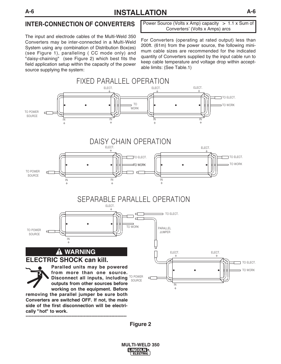 Installation, Inter-connection of converters, Electric shock can kill | Warning, Figure 2, Daisy chain operation fixed parallel operation, Separable parallel operation, Multi-weld 350 | Lincoln Electric IM664 Multi-Weld 350 Arc Converter User Manual | Page 13 / 33