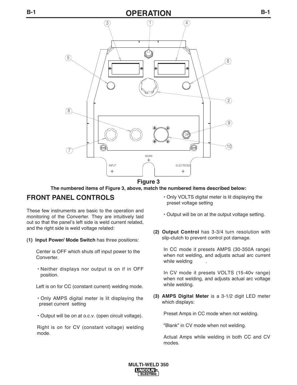 Operation, Front panel controls, Figure 3 | Lincoln Electric IM664 Multi-Weld 350 Arc Converter User Manual | Page 15 / 33