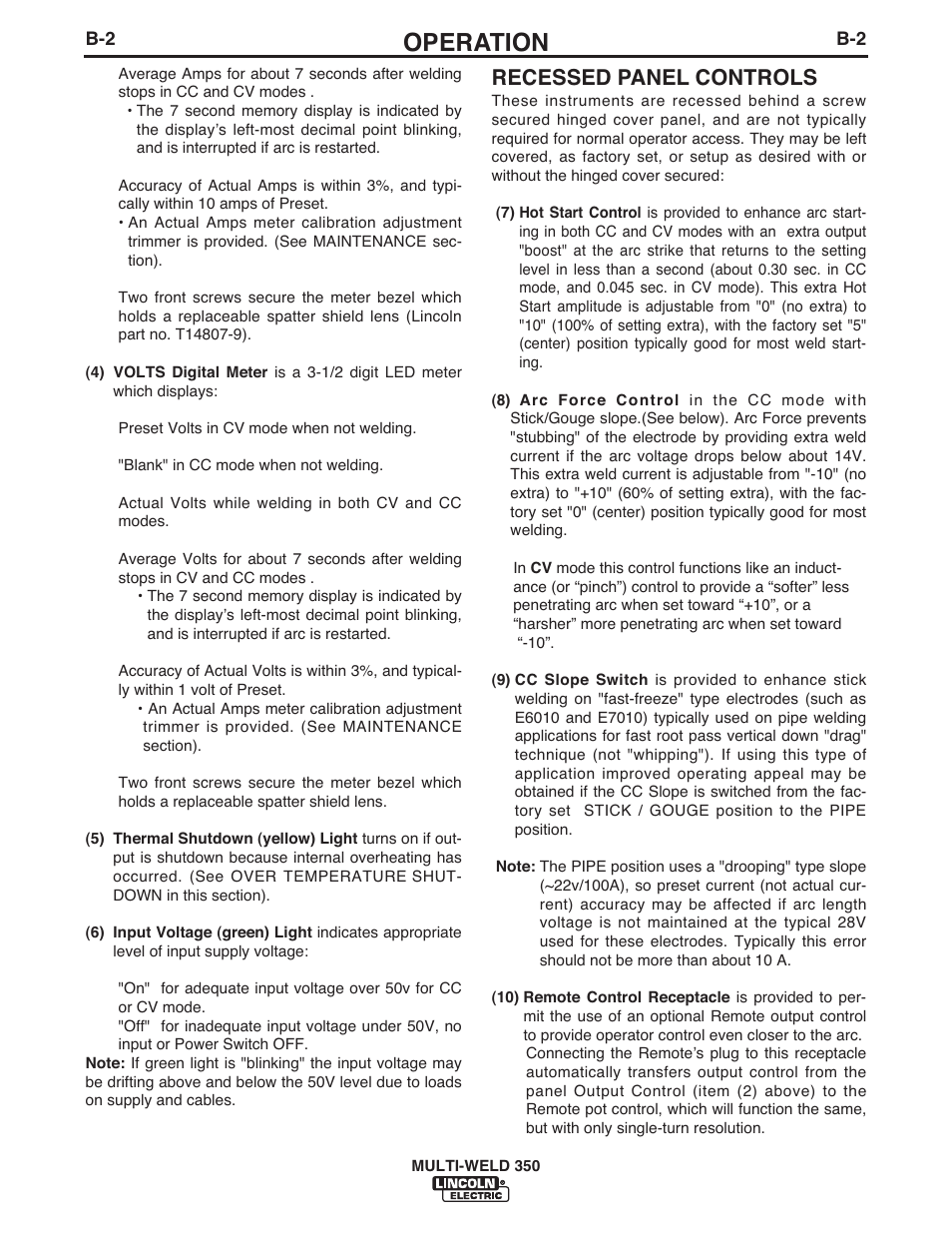 Operation, Recessed panel controls | Lincoln Electric IM664 Multi-Weld 350 Arc Converter User Manual | Page 16 / 33