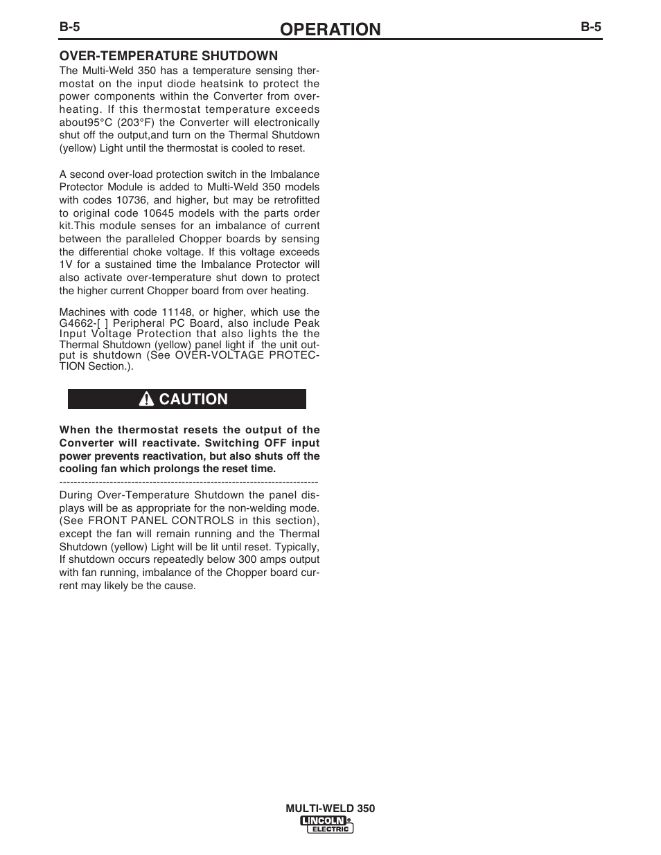 Operation, Caution | Lincoln Electric IM664 Multi-Weld 350 Arc Converter User Manual | Page 19 / 33