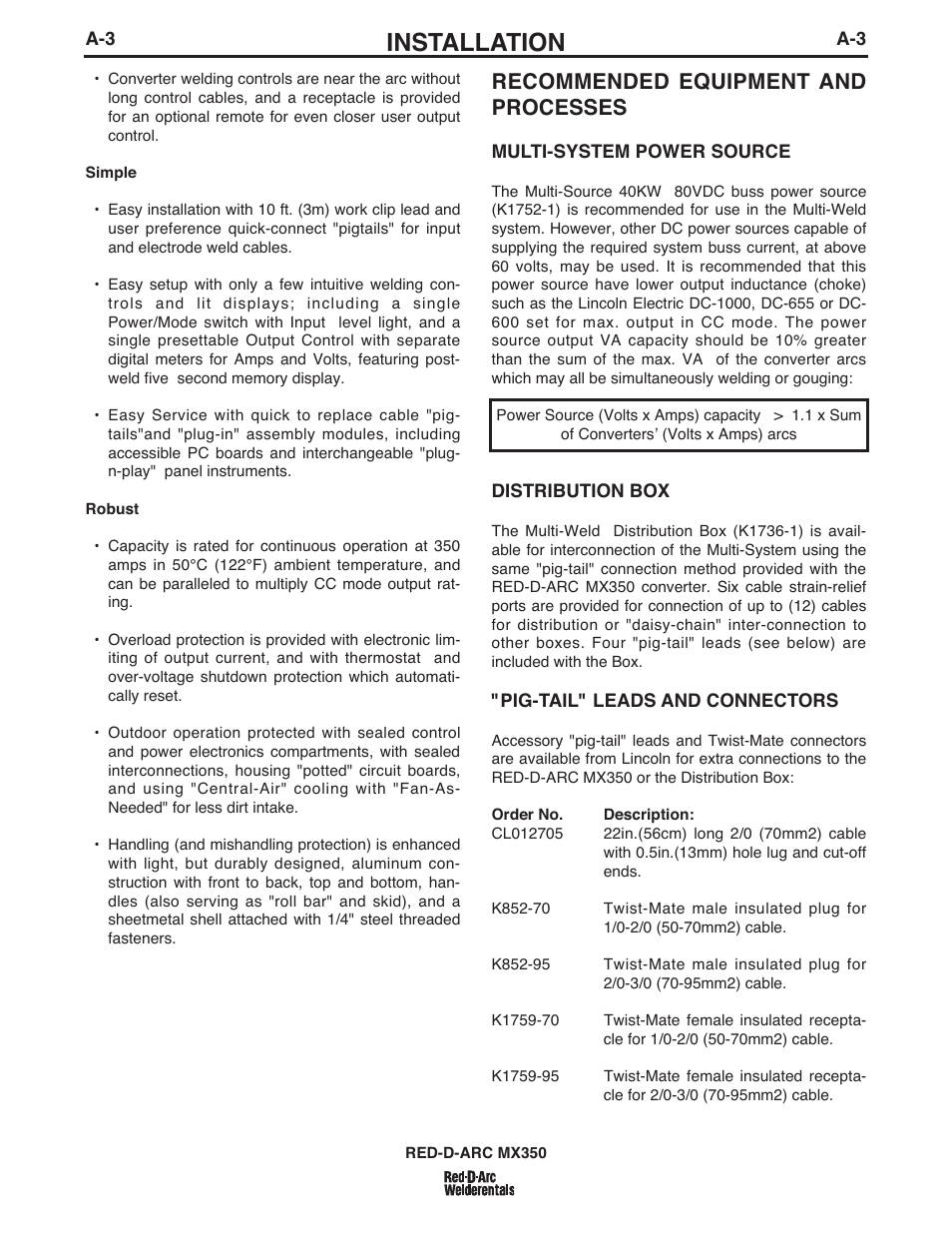 Installation, Recommended equipment and processes | Lincoln Electric IM697 RED-D-ARC MX 300 User Manual | Page 10 / 34