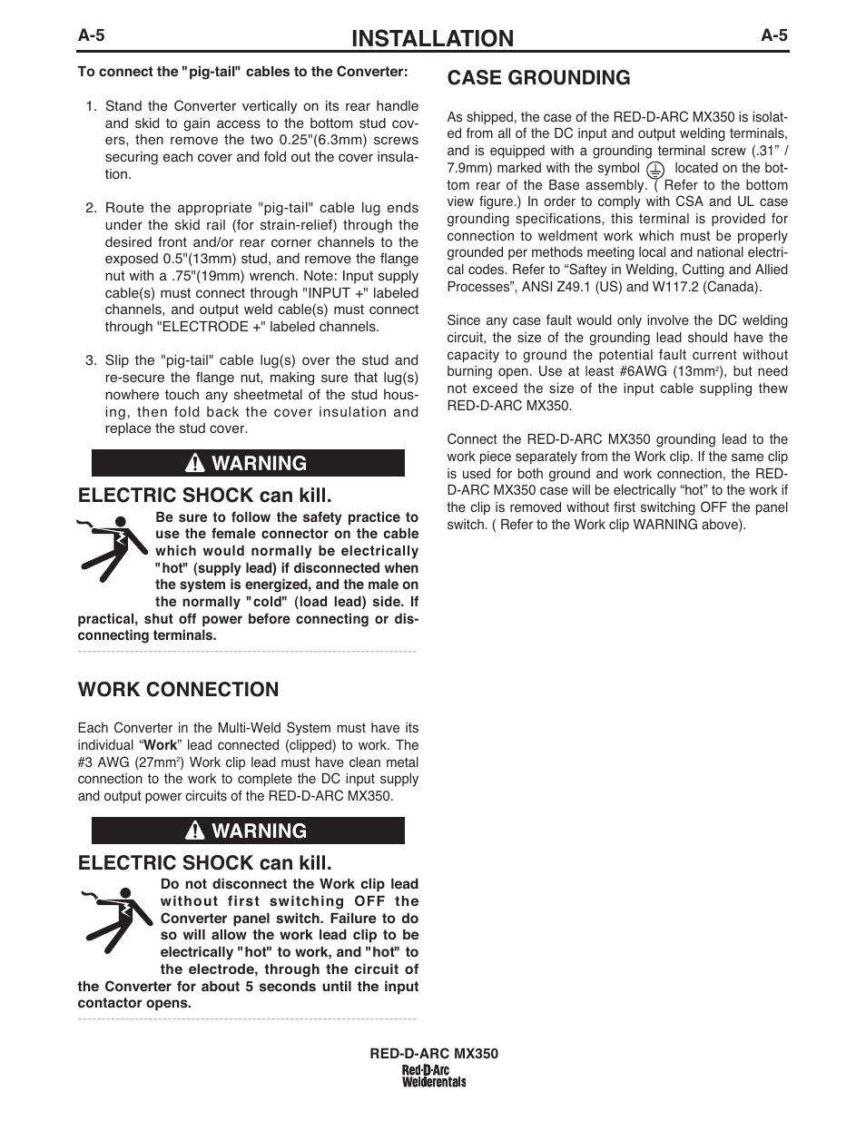 Installation, Electric shock can kill, Work connection | Case grounding, Warning | Lincoln Electric IM697 RED-D-ARC MX 300 User Manual | Page 12 / 34