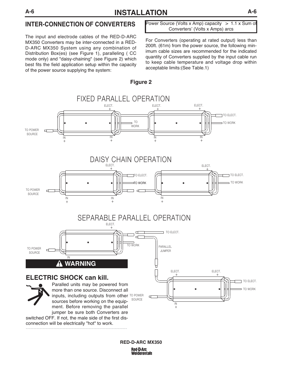 Installation, Inter-connection of converters, Electric shock can kill | Warning, Figure 2, Daisy chain operation fixed parallel operation, Separable parallel operation, Red-d-arc mx350 | Lincoln Electric IM697 RED-D-ARC MX 300 User Manual | Page 13 / 34