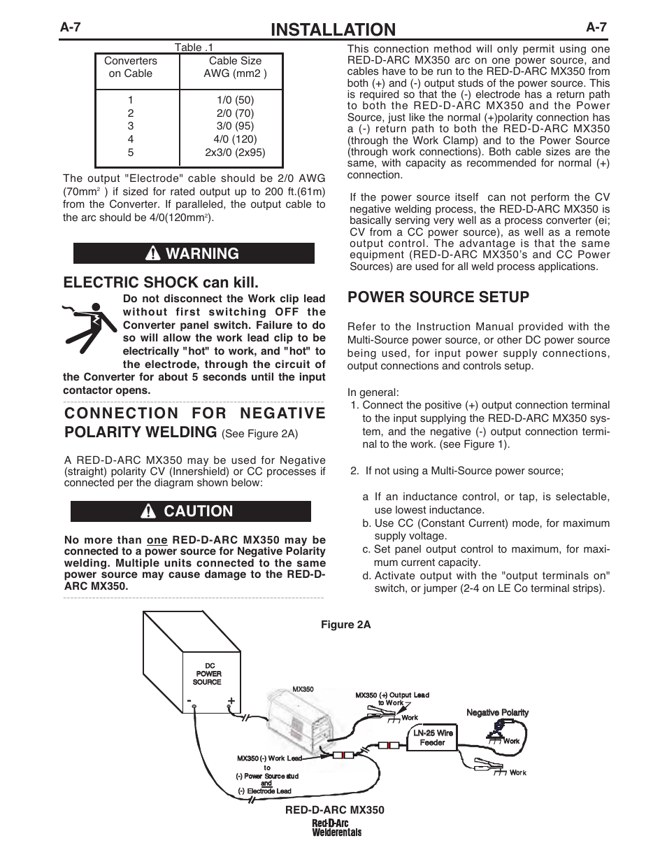 Installation, Electric shock can kill, Connection for negative polarity welding | Power source setup, Warning, Caution | Lincoln Electric IM697 RED-D-ARC MX 300 User Manual | Page 14 / 34