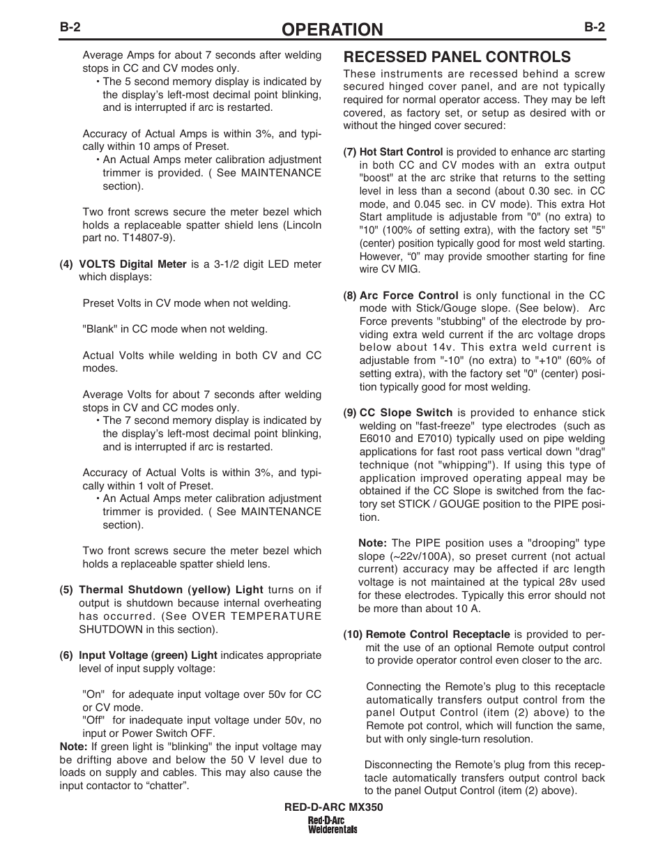 Operation, Recessed panel controls | Lincoln Electric IM697 RED-D-ARC MX 300 User Manual | Page 16 / 34