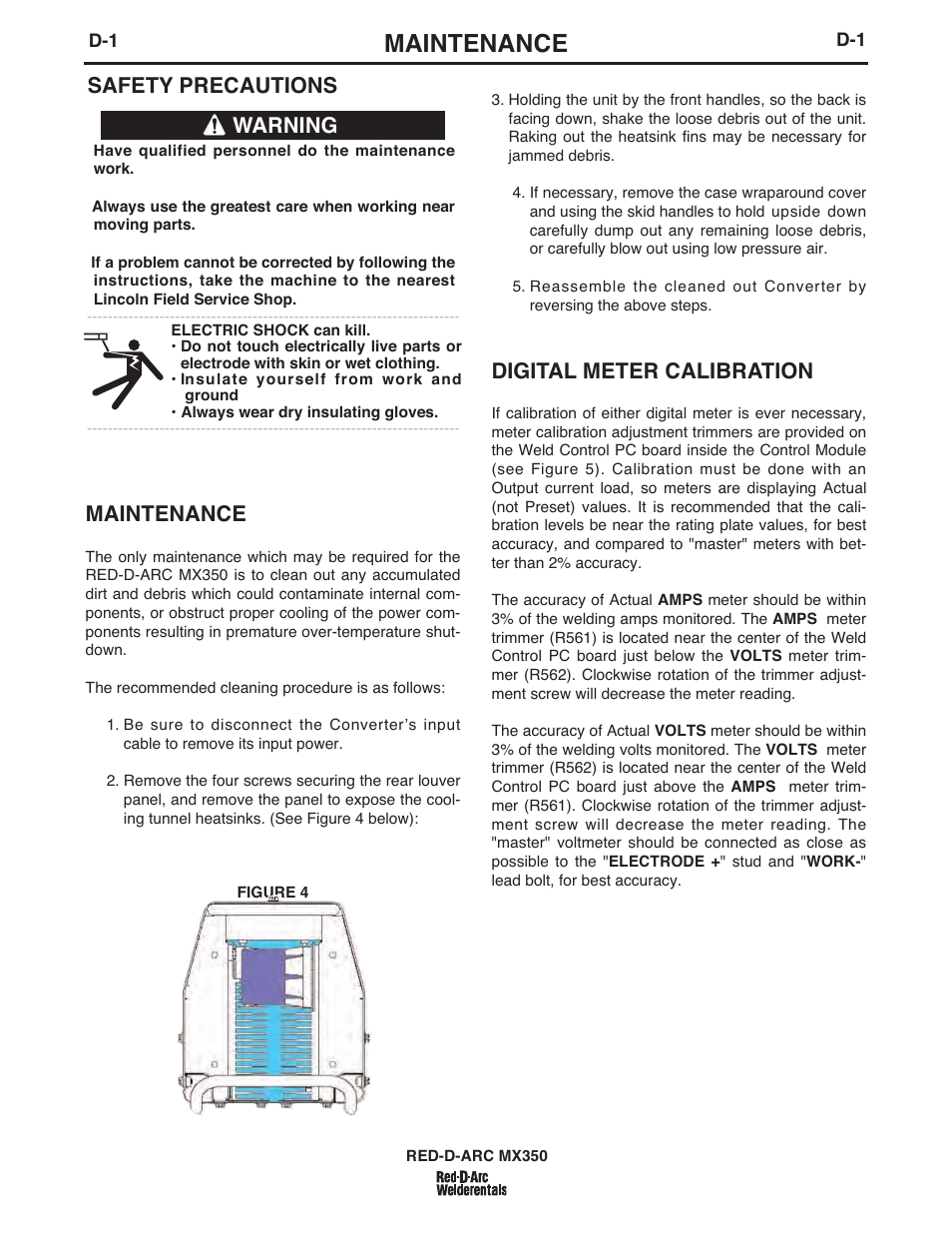 Maintenance, Digital meter calibration, Safety precautions | Warning maintenance | Lincoln Electric IM697 RED-D-ARC MX 300 User Manual | Page 19 / 34