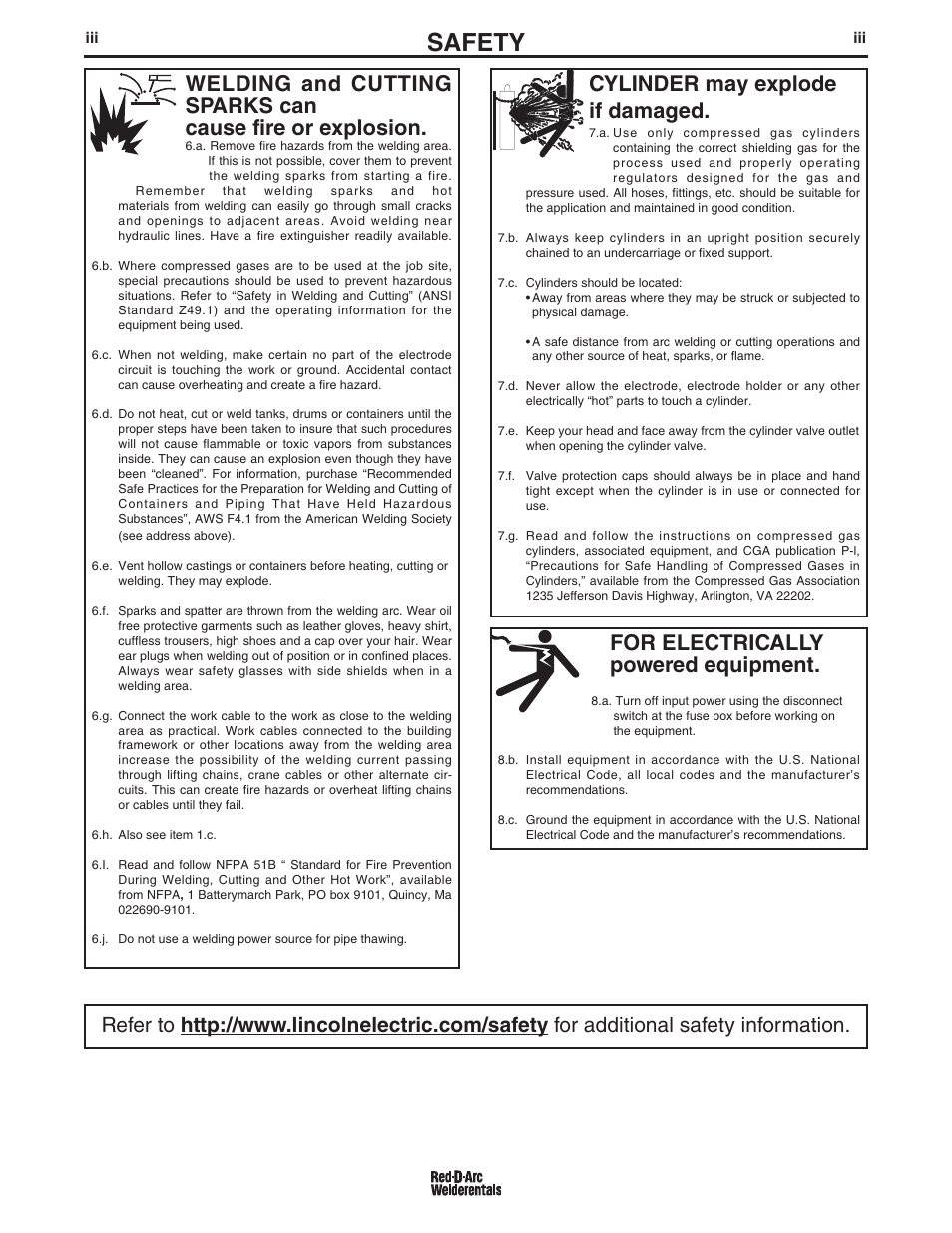 Safety, For electrically powered equipment, Cylinder may explode if damaged | Lincoln Electric IM697 RED-D-ARC MX 300 User Manual | Page 4 / 34