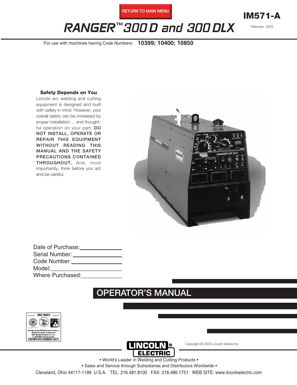 Lincoln Electric IM571 RANGER 300 D and 300 DLX User Manual | 56 pages