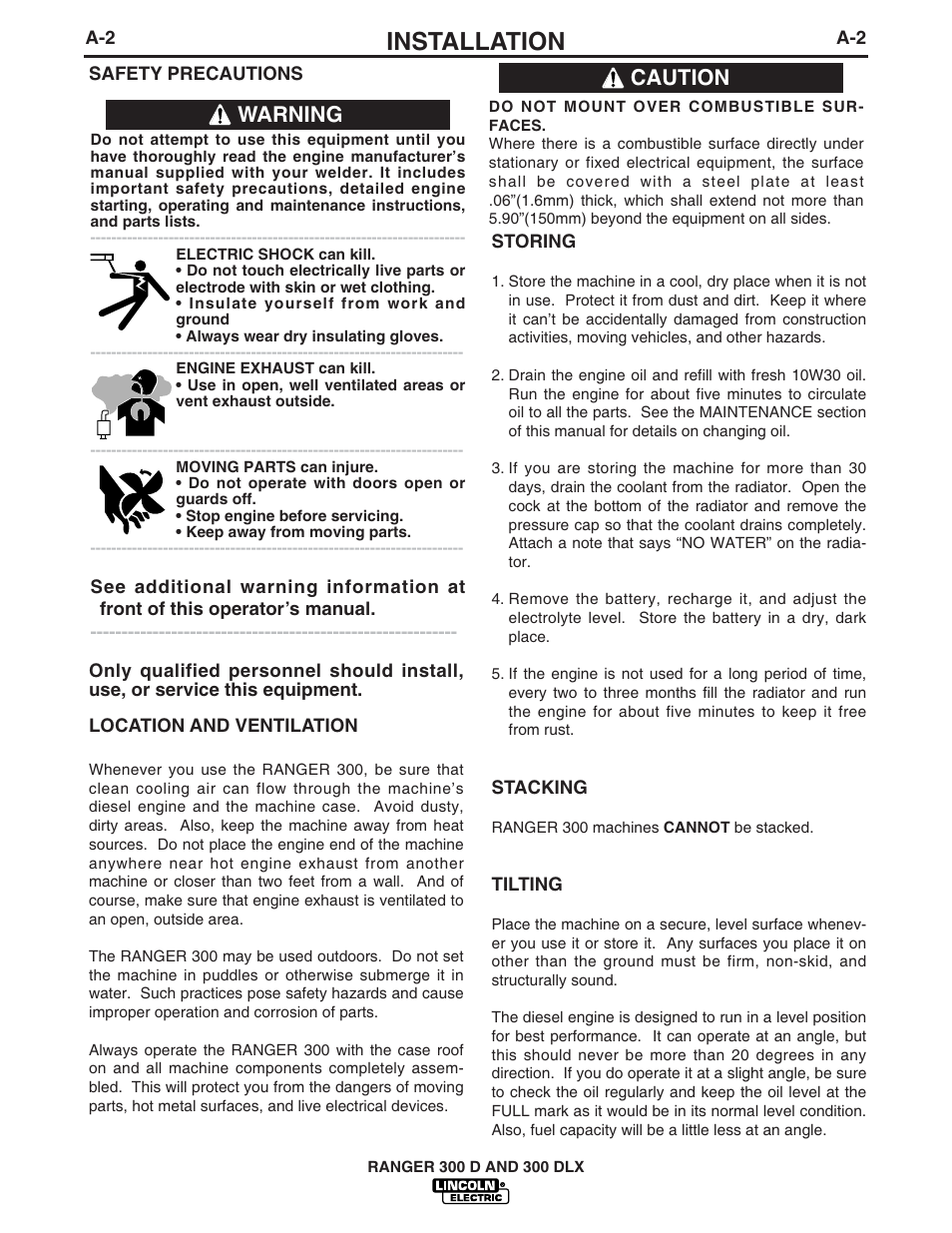 Installation, Warning, Caution | Lincoln Electric IM571 RANGER 300 D and 300 DLX User Manual | Page 10 / 56