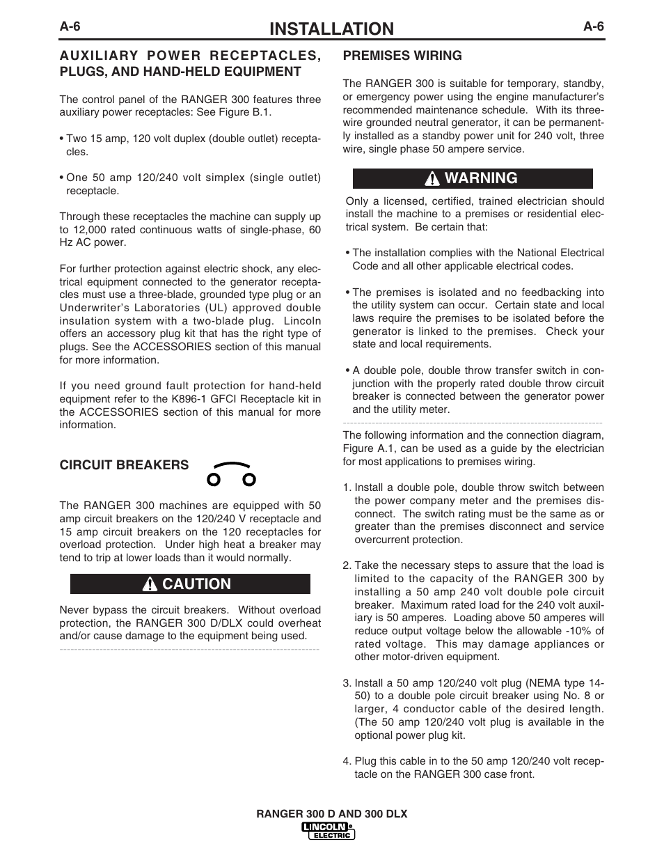 Installation, Caution, Warning | Lincoln Electric IM571 RANGER 300 D and 300 DLX User Manual | Page 14 / 56