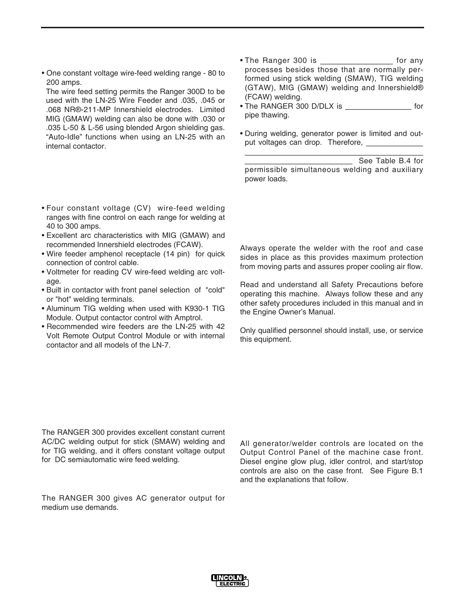 Operation, Recommended applications, Limitations | Additional safety precautions, Controls and settings | Lincoln Electric IM571 RANGER 300 D and 300 DLX User Manual | Page 17 / 56