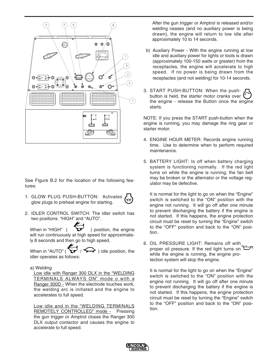 Operation, Engine controls, B-4 figure b.2 diesel engine controls | Lincoln Electric IM571 RANGER 300 D and 300 DLX User Manual | Page 19 / 56