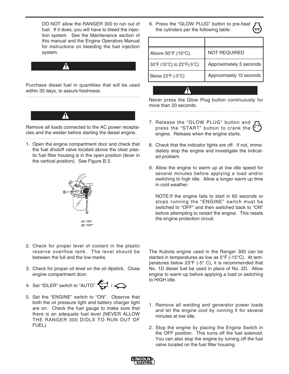 Operation, Starting the engine, Caution | Cold weather starting and operation, Stopping the engine | Lincoln Electric IM571 RANGER 300 D and 300 DLX User Manual | Page 21 / 56