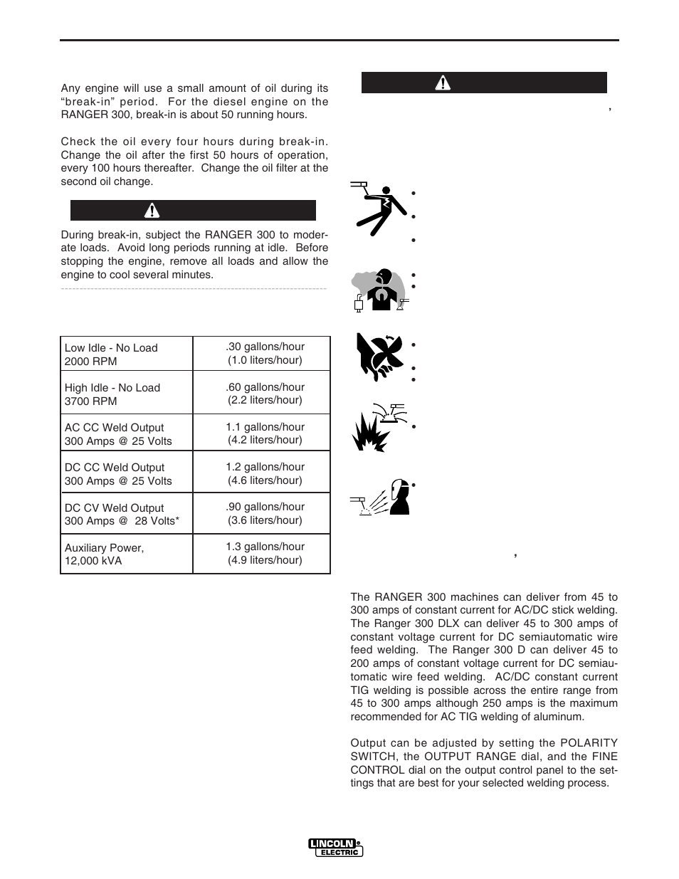 Operation, Break-in period, Table b.1 typical ranger 300 fuel consumption | Welding operation, Caution, Warning | Lincoln Electric IM571 RANGER 300 D and 300 DLX User Manual | Page 22 / 56