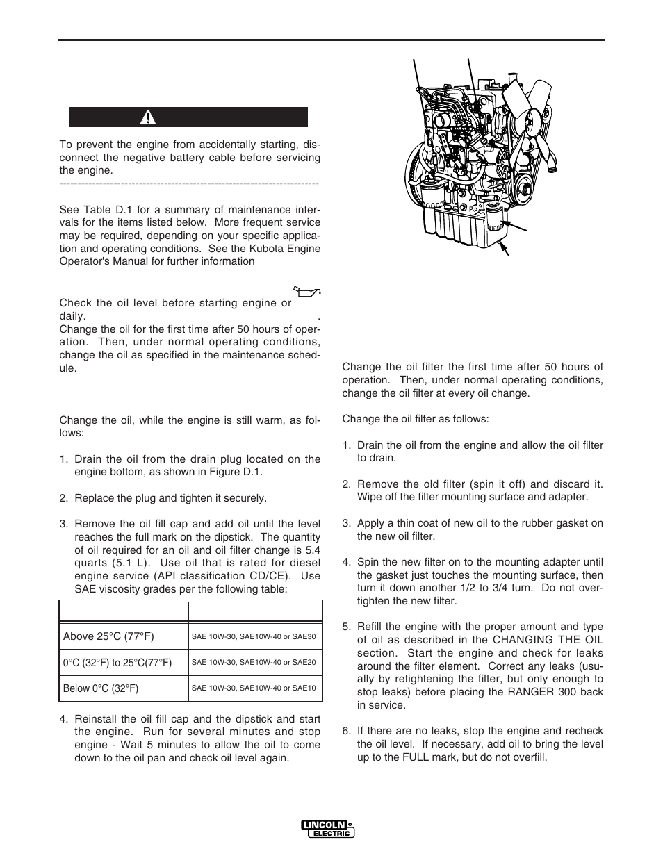 Maintenance, Routine and periodic engine maintenance, Warning | Lincoln Electric IM571 RANGER 300 D and 300 DLX User Manual | Page 33 / 56