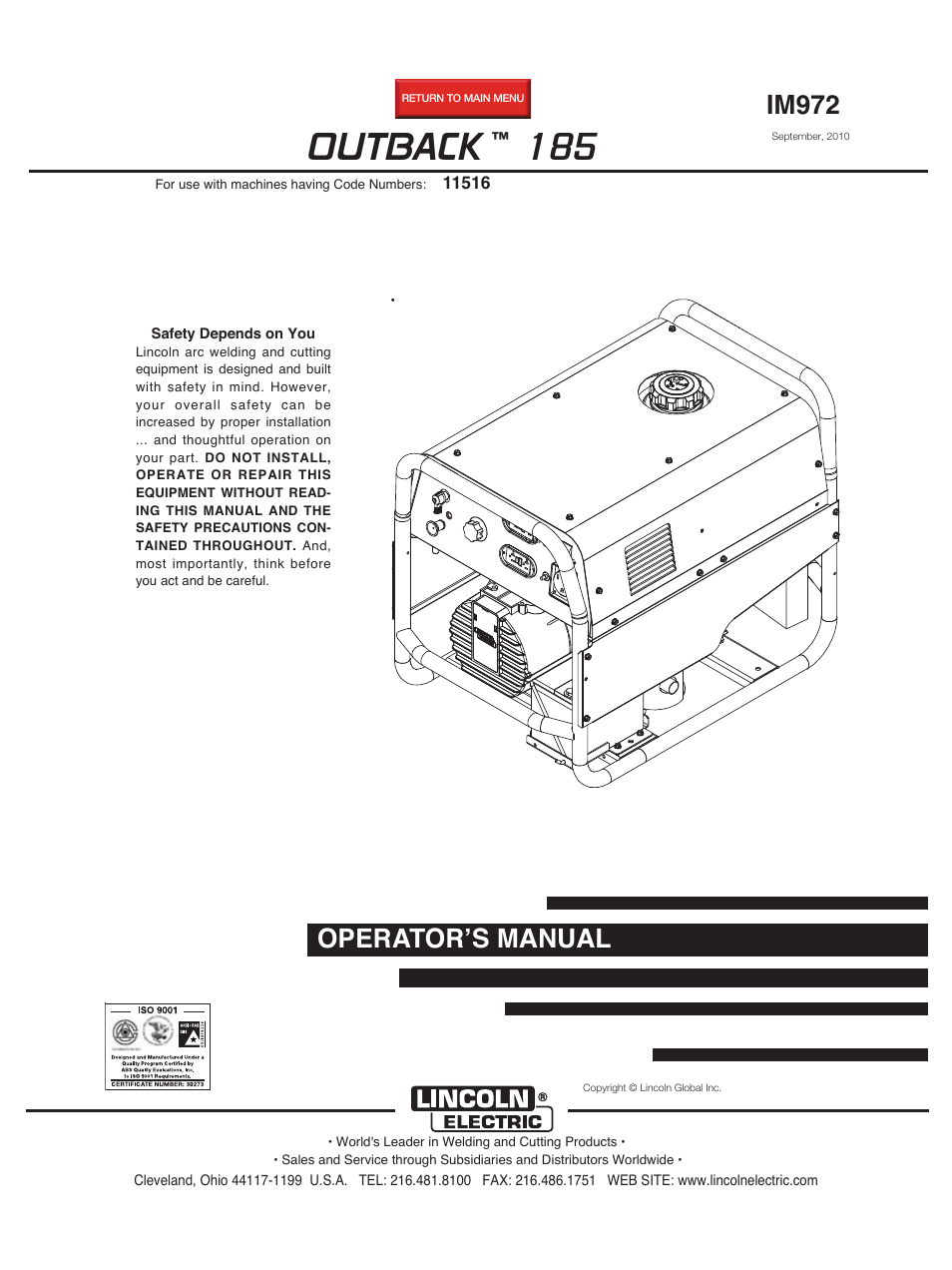 Lincoln Electric IM972 OUTBACK 185 User Manual | 35 pages