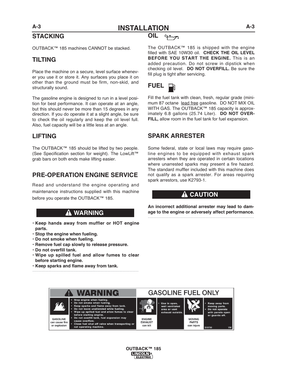 Installation, Caution spark arrester, Warning | Pre-operation engine service, Fuel, Stacking, Tilting, Lifting | Lincoln Electric IM972 OUTBACK 185 User Manual | Page 10 / 35