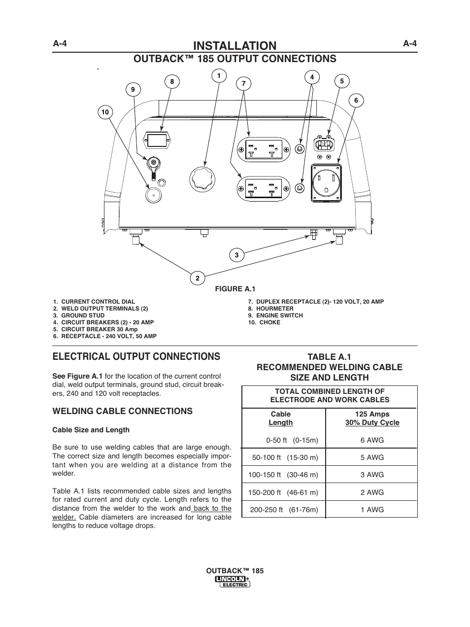 Installation, Electrical output connections, Outback™ 185 output connections | Lincoln Electric IM972 OUTBACK 185 User Manual | Page 11 / 35