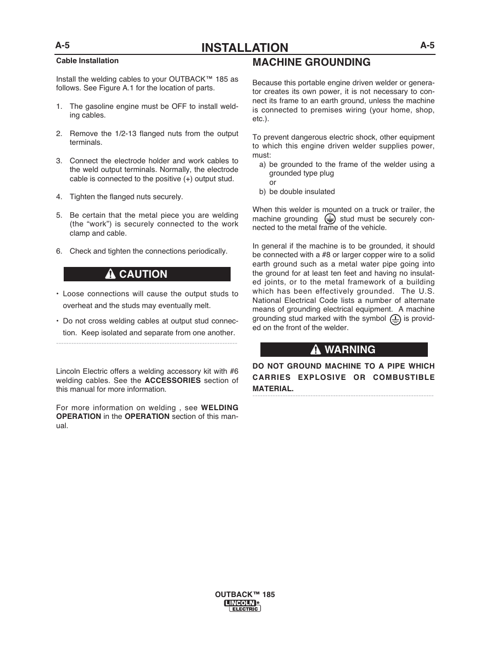 Installation, Machine grounding, Warning caution | Lincoln Electric IM972 OUTBACK 185 User Manual | Page 12 / 35