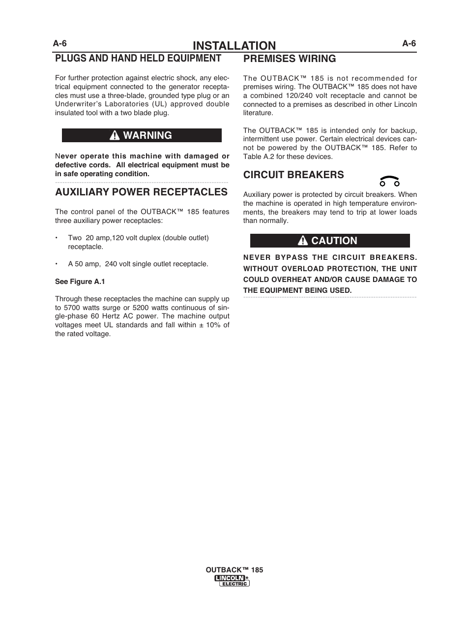 Installation, Premises wiring, Circuit breakers | Caution plugs and hand held equipment, Auxiliary power receptacles, Warning | Lincoln Electric IM972 OUTBACK 185 User Manual | Page 13 / 35