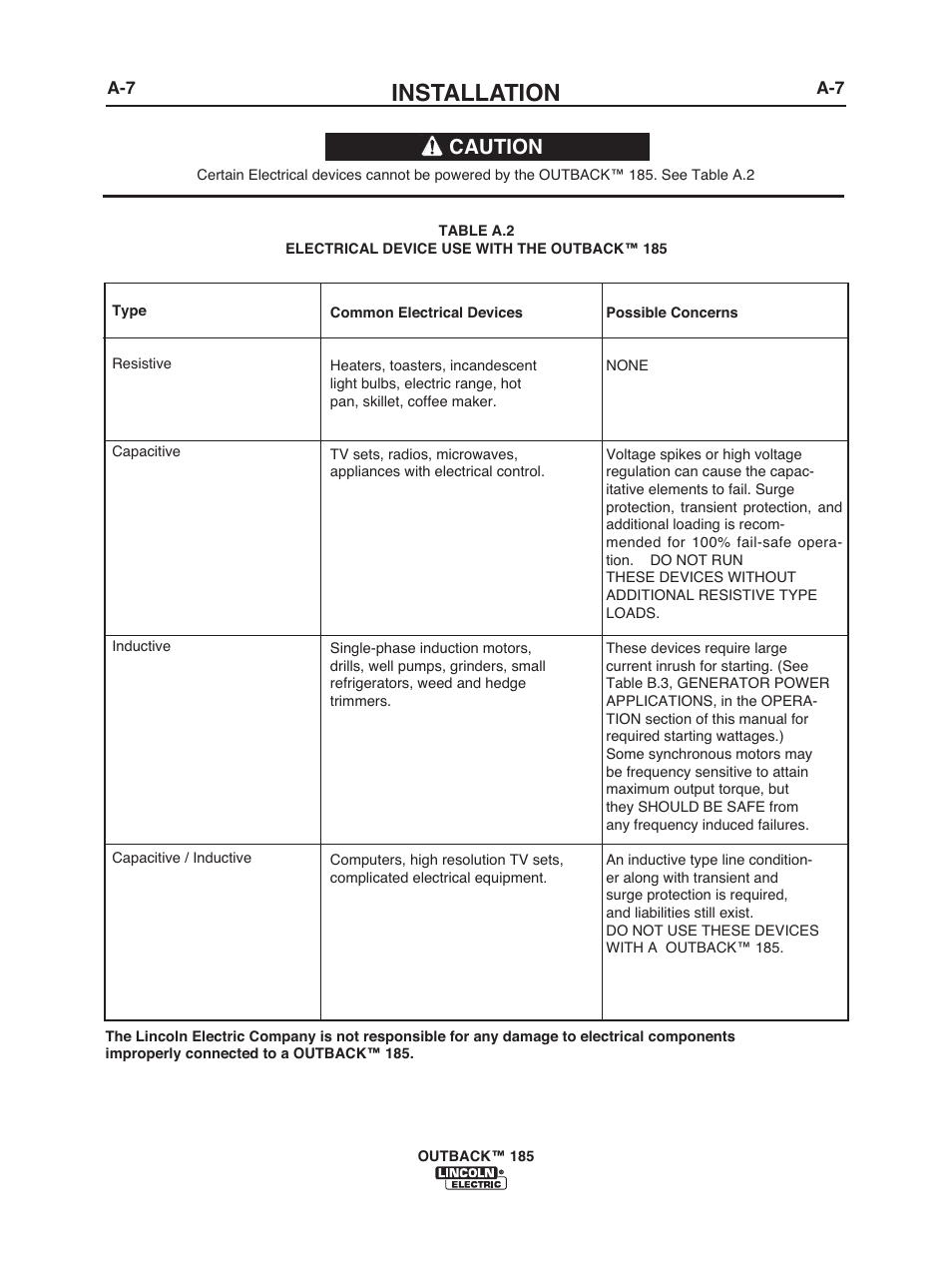 Installation, Caution | Lincoln Electric IM972 OUTBACK 185 User Manual | Page 14 / 35