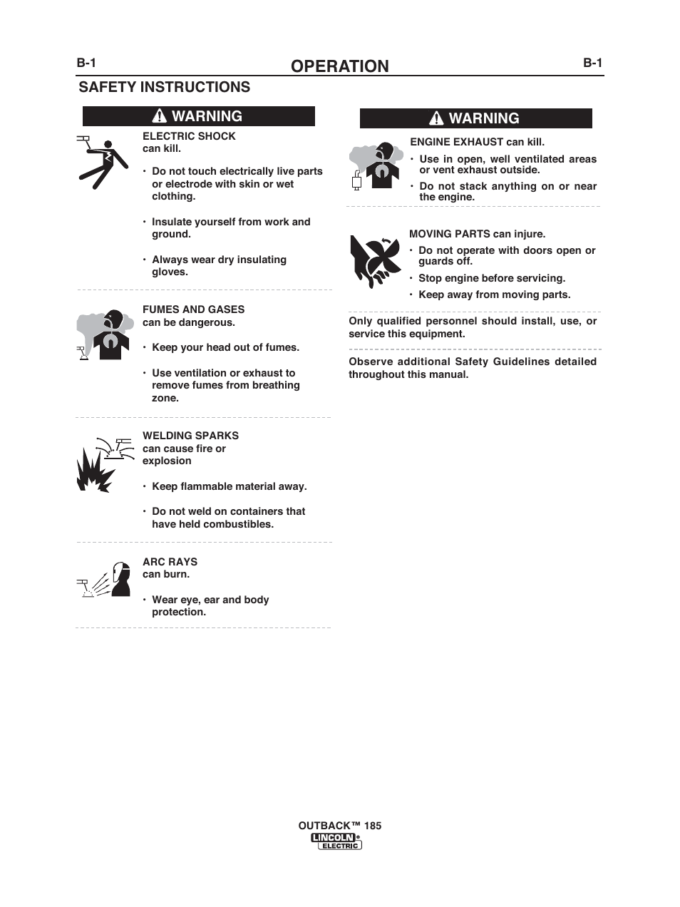 Operation, Safety instructions, Warning | Lincoln Electric IM972 OUTBACK 185 User Manual | Page 15 / 35