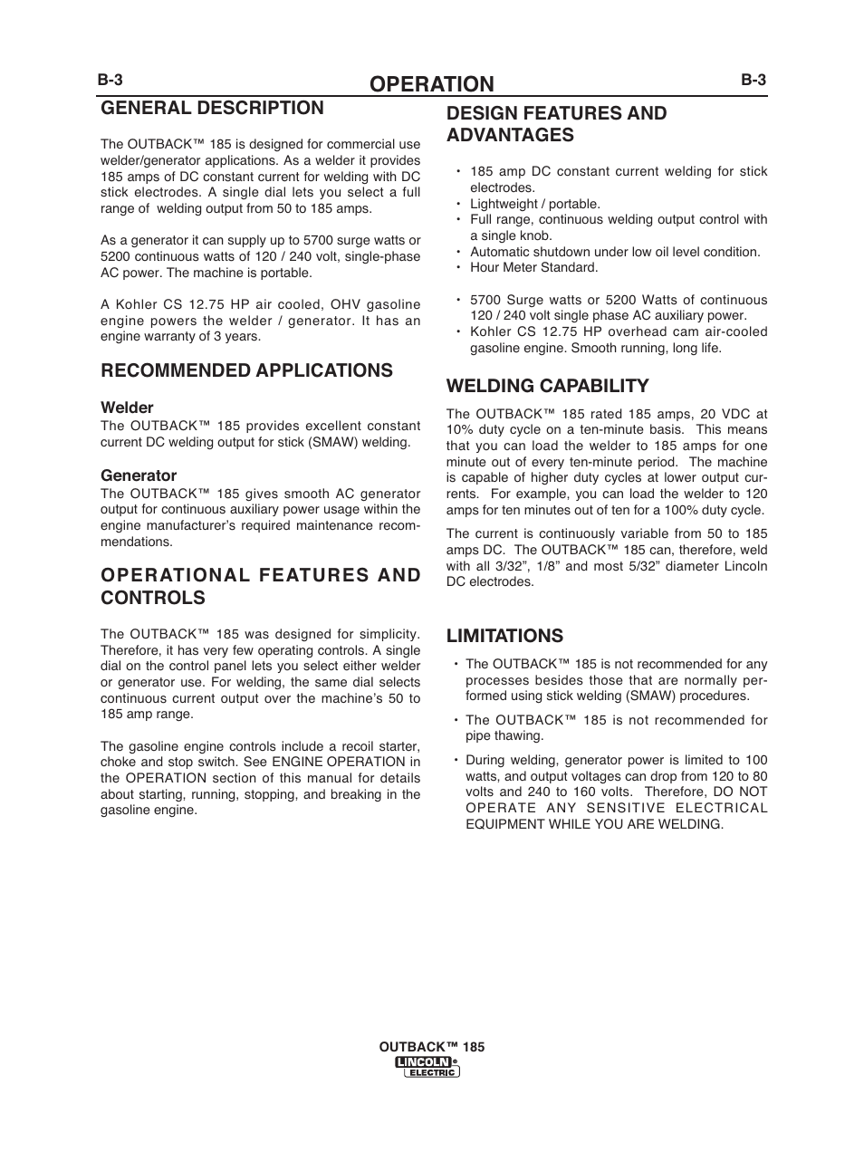 Operation, General description, Recommended applications | Operational features and controls, Design features and advantages, Welding capability, Limitations | Lincoln Electric IM972 OUTBACK 185 User Manual | Page 17 / 35