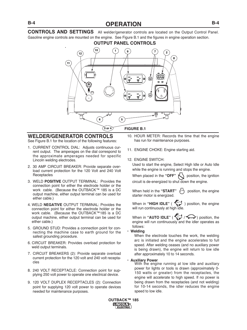 Operation, Welder/generator controls, Controls and settings | Lincoln Electric IM972 OUTBACK 185 User Manual | Page 18 / 35