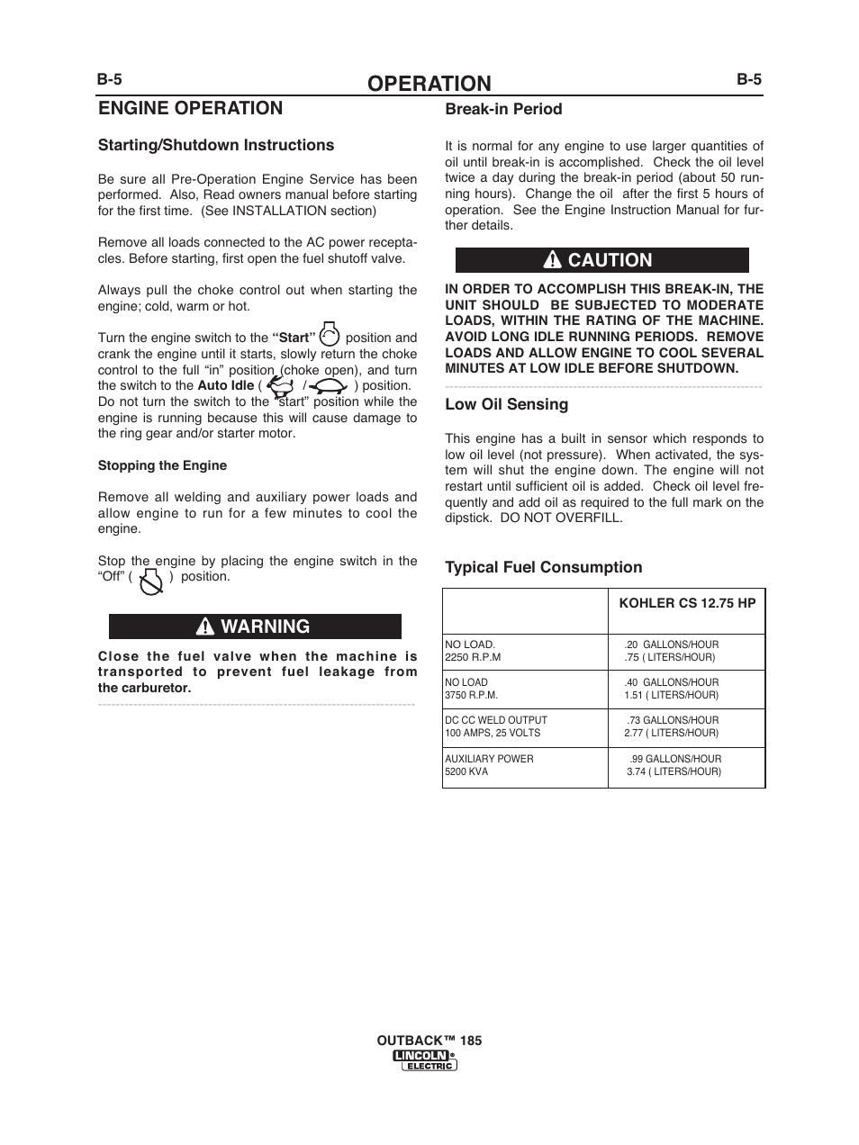 Operation, Engine operation, Warning | Caution | Lincoln Electric IM972 OUTBACK 185 User Manual | Page 19 / 35