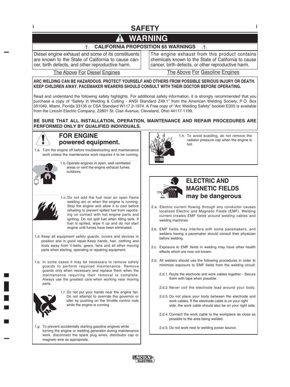 Warning, Safety, For engine powered equipment | Electric and magnetic fields may be dangerous | Lincoln Electric IM972 OUTBACK 185 User Manual | Page 2 / 35