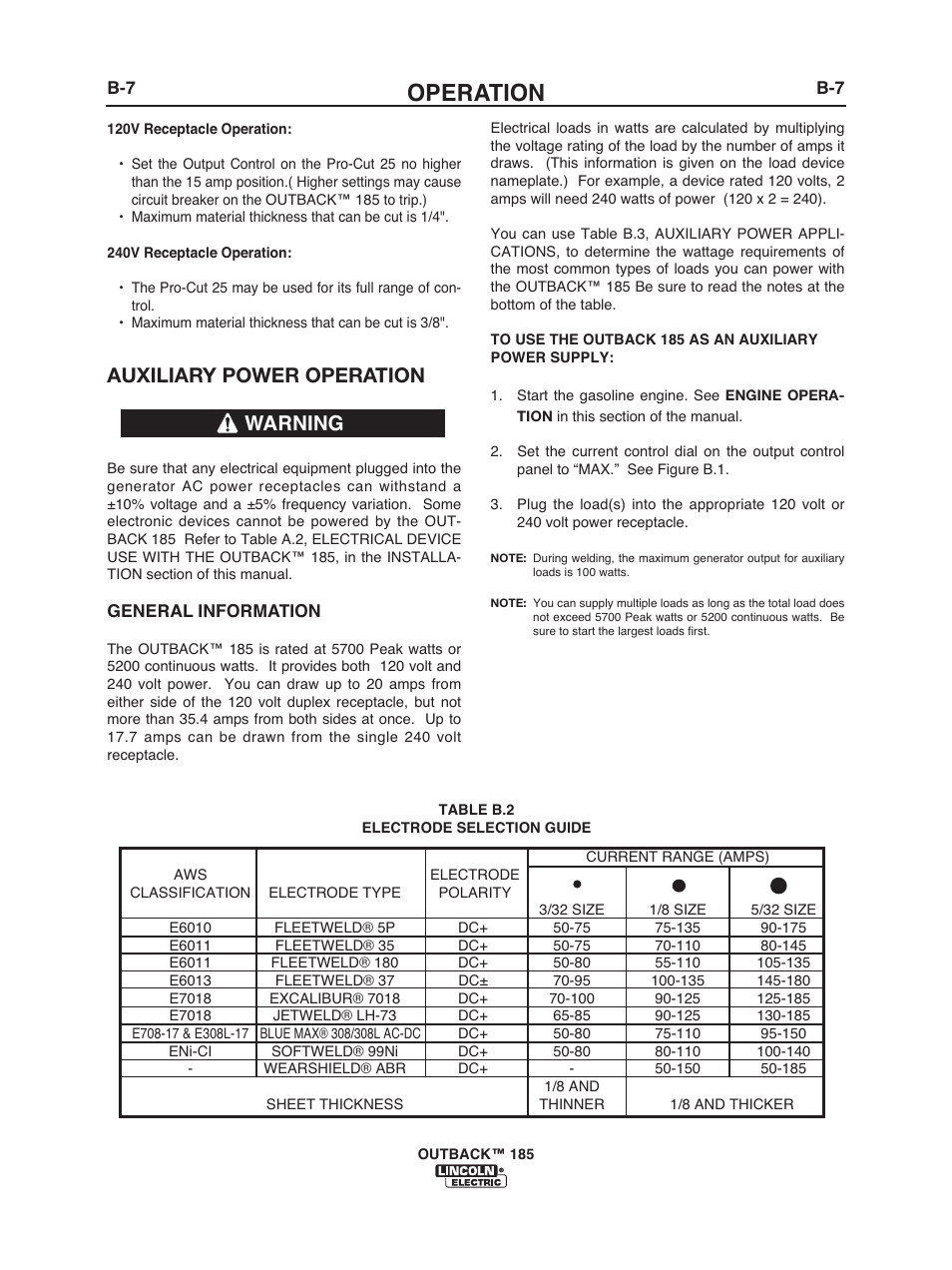 Operation, Auxiliary power operation, Warning | Lincoln Electric IM972 OUTBACK 185 User Manual | Page 21 / 35