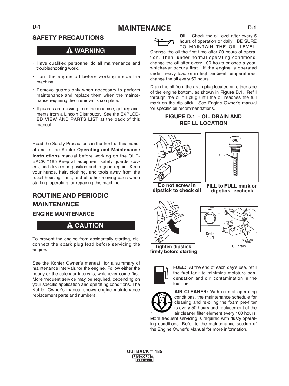 Maintenance, Safety precautions, Routine and periodic maintenance | Warning caution | Lincoln Electric IM972 OUTBACK 185 User Manual | Page 24 / 35