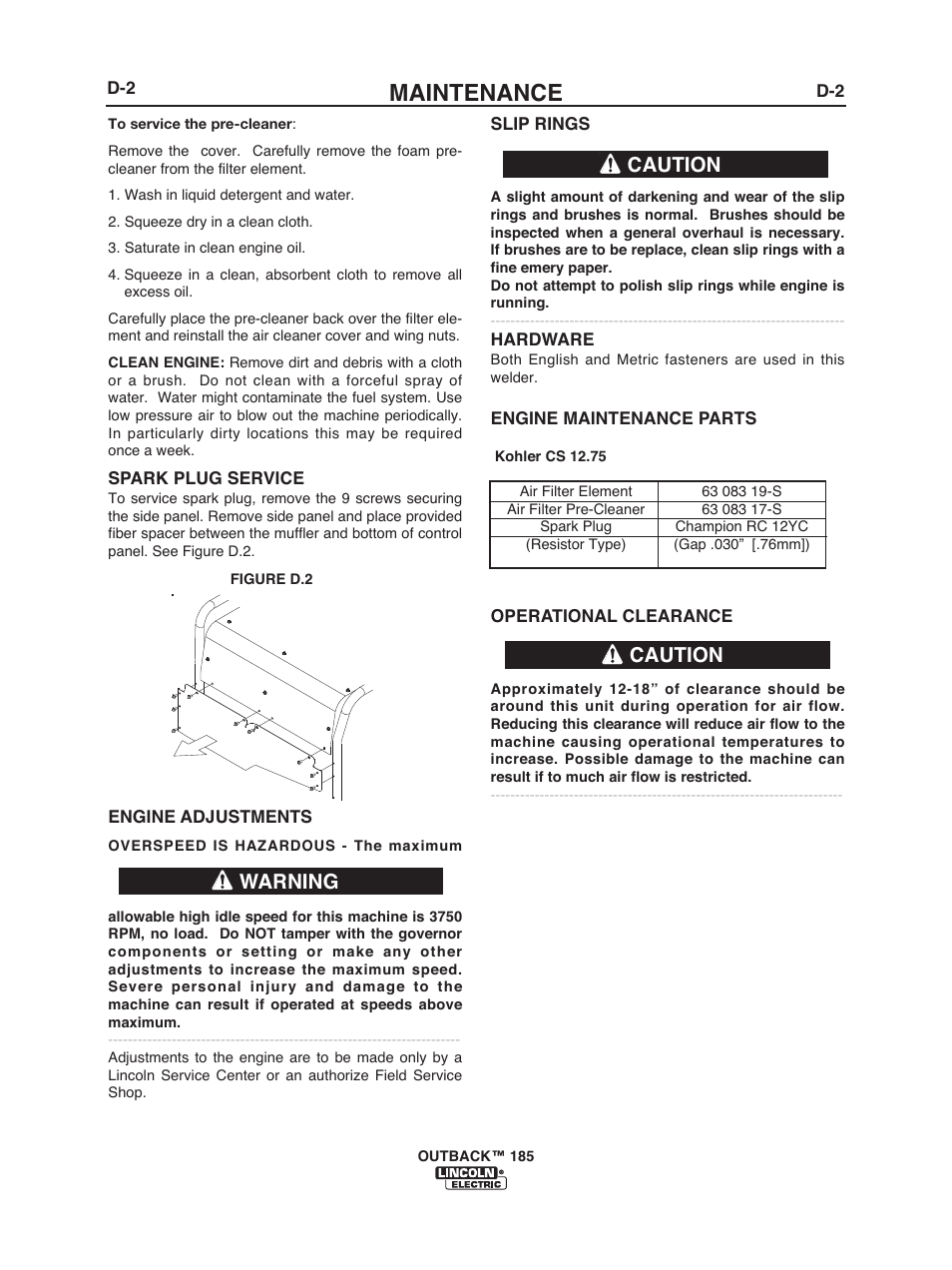 Maintenance, Warning, Caution | Lincoln Electric IM972 OUTBACK 185 User Manual | Page 25 / 35