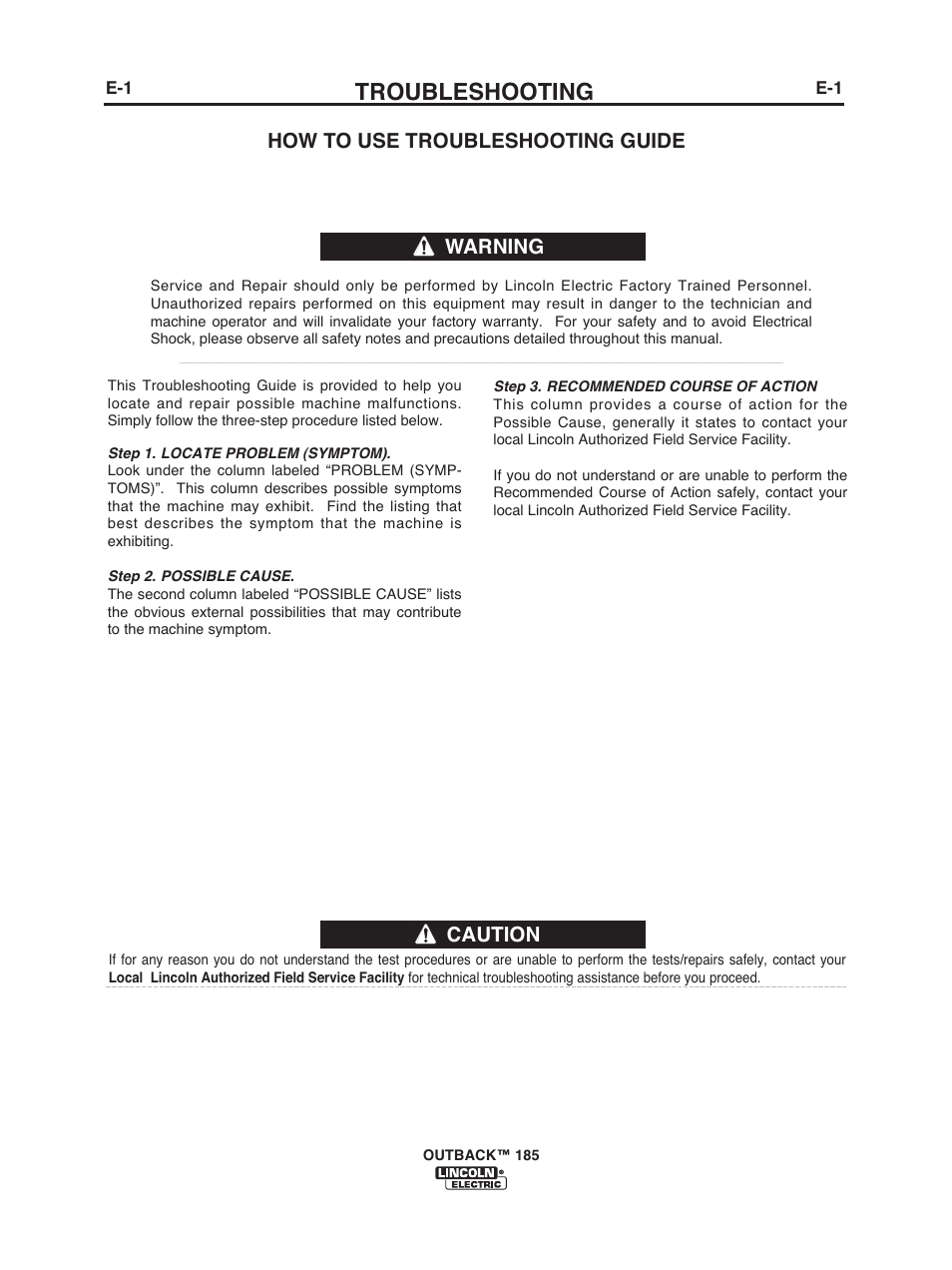 Troubleshooting, Caution, How to use troubleshooting guide | Warning | Lincoln Electric IM972 OUTBACK 185 User Manual | Page 26 / 35